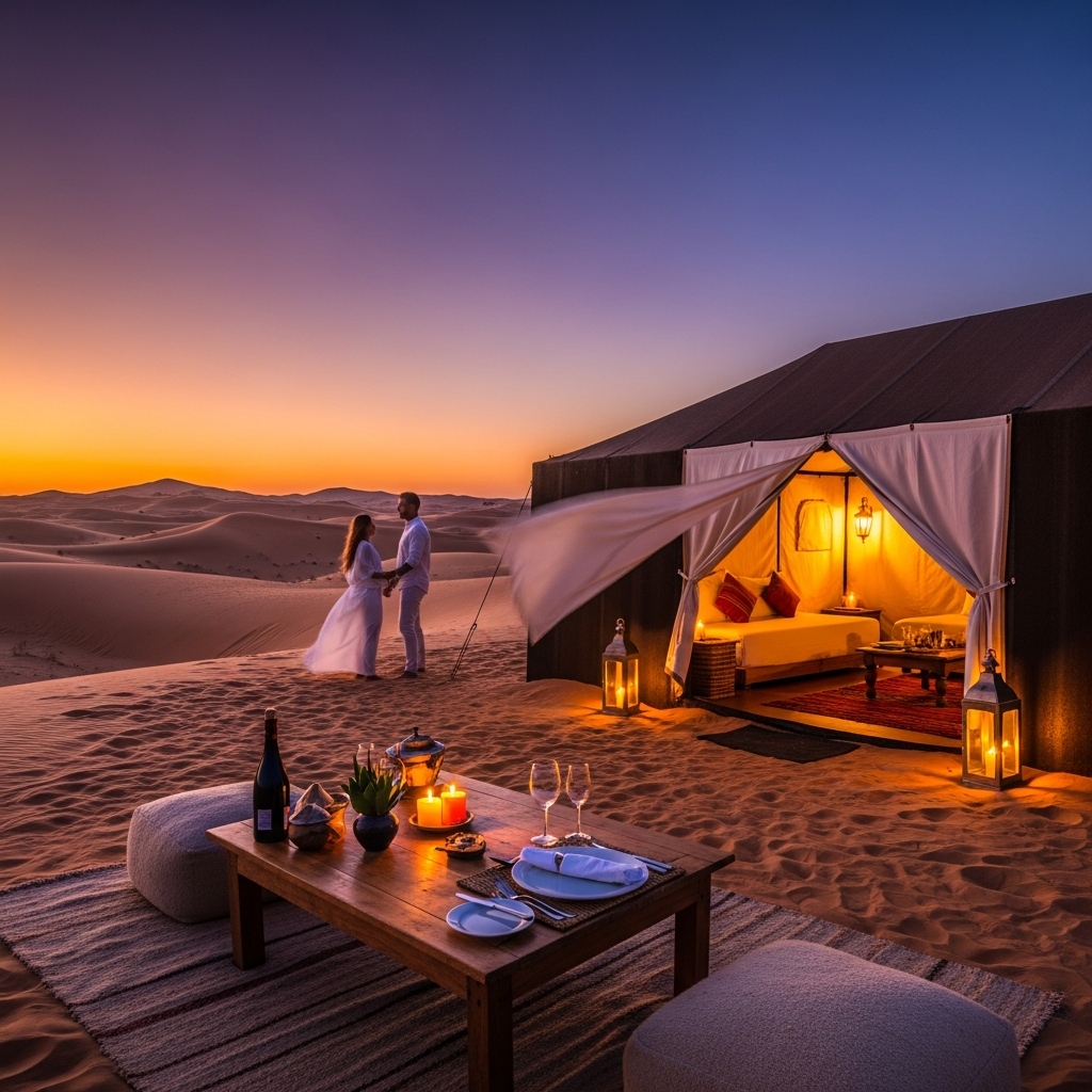 Illustration of Morocco Luxury Honeymoon: Stunning Desert Glamping & Effortless Ocean Breezes