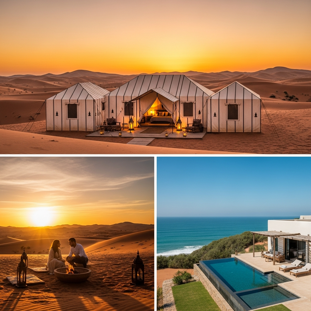 Illustration of Morocco Luxury Honeymoon: Stunning Desert Glamping & Effortless Ocean Breezes
